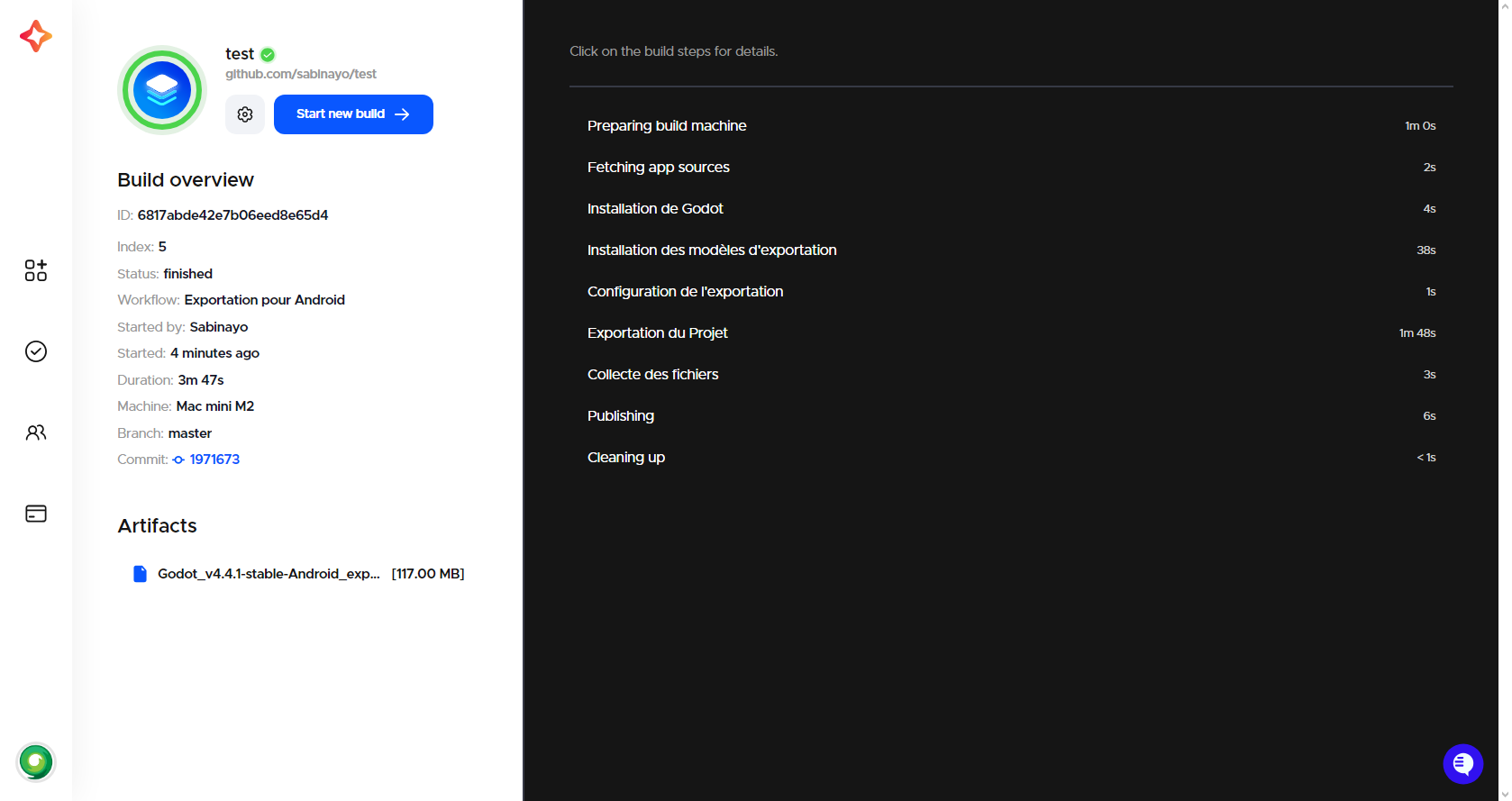 Result of exporting a Godot project to Android using Codemagic.