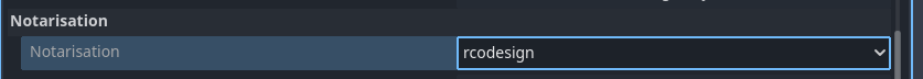 Capture d'écran(dans Godot) de l'activation de l'option de notarisation pour l'exportation vers macOS