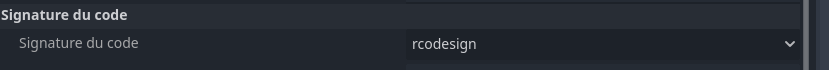 Capture d'écran(dans Godot) de l'activation de l'option de signature de code avec rcodesign pour macOS